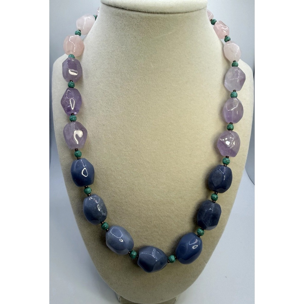 Amethyst Rose Quartz Blue Quartz Necklace 925 Sterling Silver Clasp Vintage